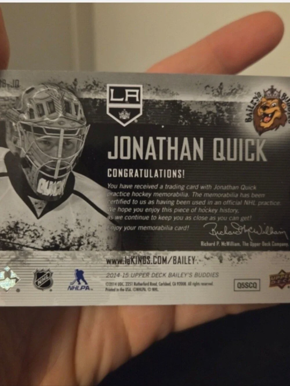 Upper Deck Los Angeles Kings Jonathan Quick Practice Jersey Trading Card NWOT